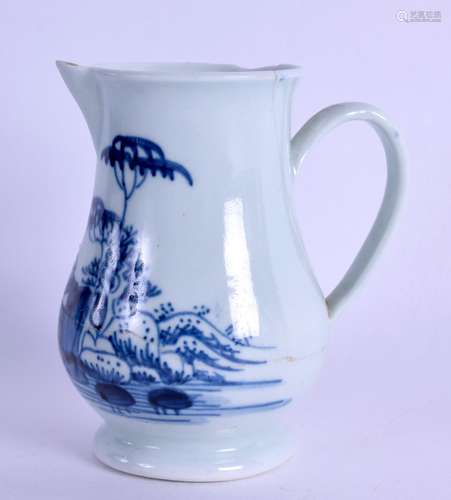 Chaffers Liverpool sparrow beak jug of unusual bellied shape painted in blue with a hut on an