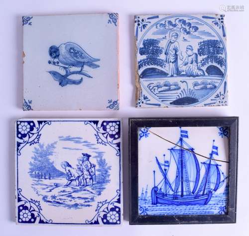 AN 18TH CENTURY ENGLISH BLUE AND WHITE POTTERY TILE together with three others. Largest 13 cm