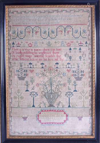 A FINE 18TH/19TH CENTURY FRAMED ENGLISH SAMPLER decorated with urns of flowers, birds and various