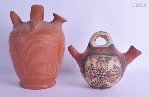 AN UNUSUAL SOUTH AMERICAN TERRACOTTA VESSEL together with another pottery vessel, with faint incised