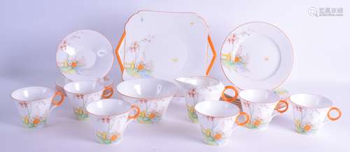 AN ART DECO SHELLEY PORCELAIN TEA SET decorated with extensive landscapes. (19)