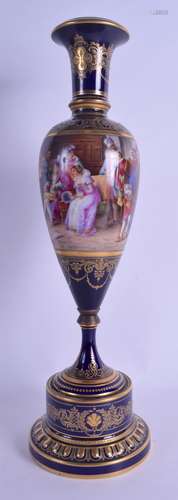 A FINE VIENNA PORCELAIN PEDESTAL VASE ON STAND painted with figures by Rosner, within interiors, the