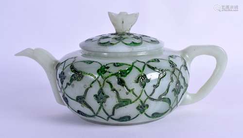 AN UNUSUAL TURKISH OTTOMAN CARVED GREEN JADE TEAPOT AND COVER incised with scrolling foliage and