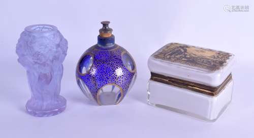 A LATE 19TH CENTURY BOHEMIAN GILT PAINTED SCENT BOTTLE AND STOPPER together with a Lalique style