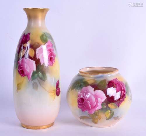 Royal Worcester vase finely painted with Hadley style roses, signed by M. Hunt, puce mark, shape