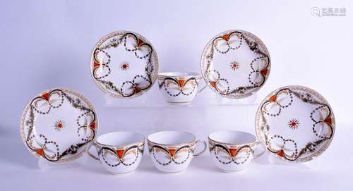 19th c. Four Spode teacups and saucers painted with swags of roses and neo-classical designs. (8)