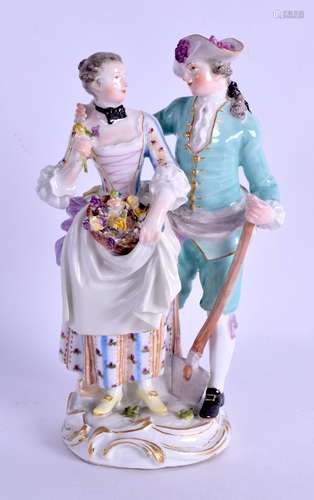 18th c. Meissen figure of a well dressed man with a shovel and a lady holding a basket of flowers,