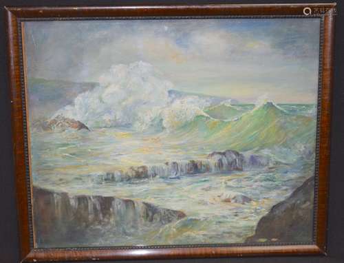 BRITISH SCHOOL (early 20th century), framed oil on board, crashing waves. 30 cm x 37 cm.