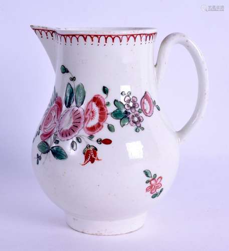 Liverpool sparrow beak jug painted with flowers under a red line loop and dot border.