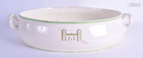 A RARE 18TH CENTURY WEDGWOOD CREAMWARE TWIN HANDLED TUREEN painted with a castle and dated 1787.