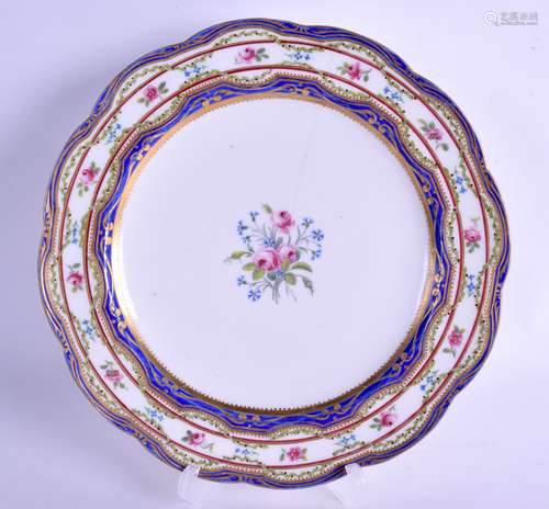 Sevres dessert plate painted bouquet of pink roses and cornflowers, the border with a blue enamel