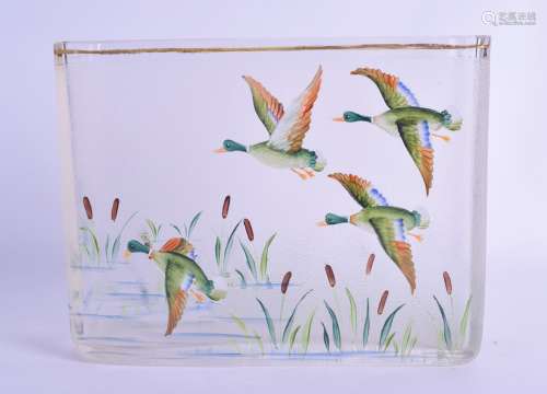 A 1950S EUROPEAN FROSTED GLASS VASE enamelled with ducks in flight. 20 cm x 15 cm.