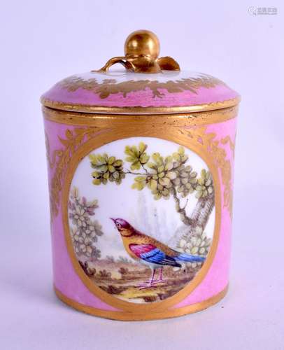 Sevres toilet pot and cover with fruit moulded finial, enamelled with scenes of birds in