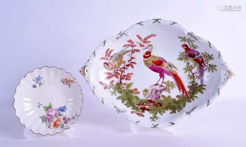 Chelsea dish painted with three birds in landscape, gold anchor mark and a Chelsea fluted saucer