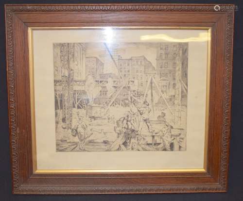 A FRAMED ETCHING, builders at work, 