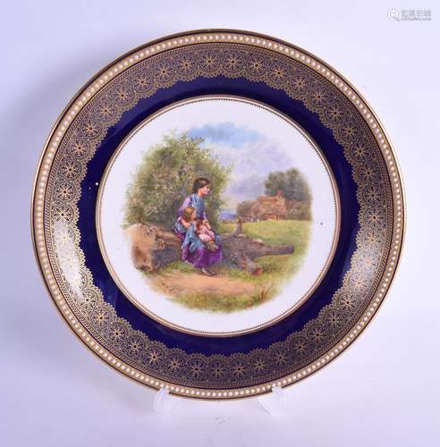 Royal Worcester fine plate painted with a Gypsy girl seated on a log with a baby, too early to be