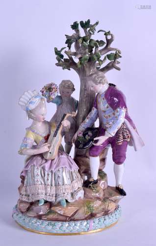 A 19TH CENTURY GERMAN MEISSEN PORCELAIN FIGURAL GROUP modelled as a male, female and child beside