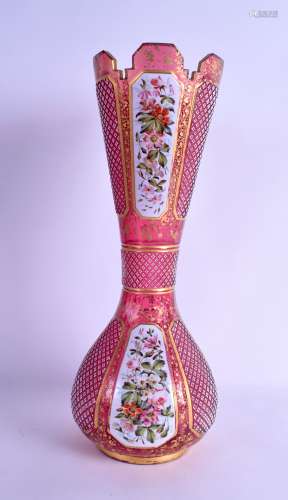 A GOOD LARGE 19TH CENTURY BOHEMIAN RUBY GLASS ENAMELLED VASE with facetted body, painted with