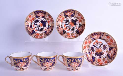 19th c. Three Spode teacups and saucers painted in imari palette. (6)