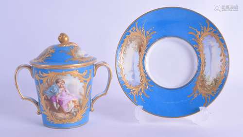 AN 18TH/19TH CENTURY SEVRES PORCELAIN CHOCOLATE CUP COVER AND STAND painted with figures and