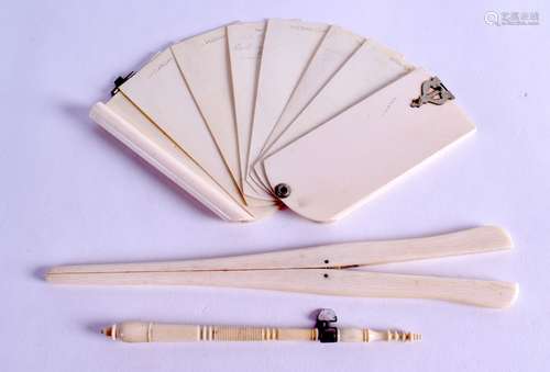 A VICTORIAN CARVED IVORY NOTE PAD together with another item & a pair of glove stretchers. (3)