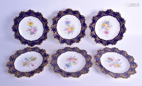 Royal Crown Derby set of six dessert plates painted with flowers under a raised gilt cobalt blue