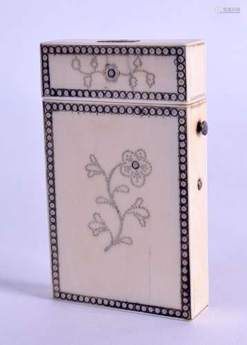 A GEORGE III CARVED IVORY PIQUE WORK CARD CASE decorated with stylised floral sprays. 5 cm x 8.75