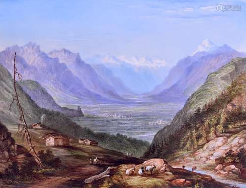 19th c. Davenport plaque painted with a scene of Valais Martigny, title verso, by Richard Ablott,