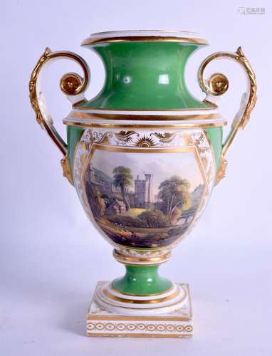 19th c. Derby vase painted with a view of 'Haddon Hall, Derbyshire' in a gilt panel on an apple