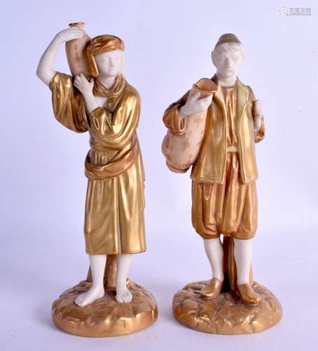 Royal Worcester pair figures of Middle Eastern Water-carriers with gilt decoration date code for