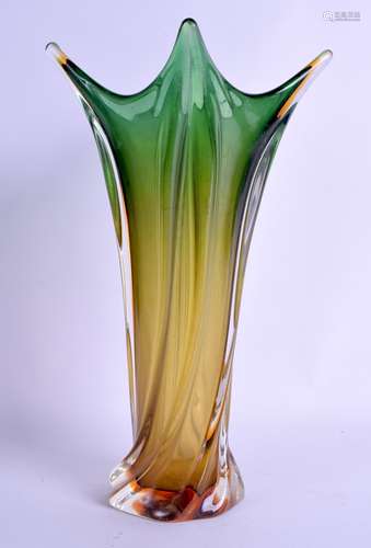 A RETRO ITALIAN MURANO GREEN AND AMBER GLASS FLUTED VASE. 32 cm high.