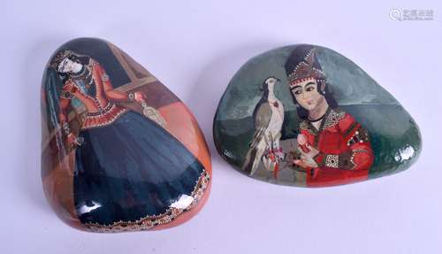 TWO PERSIAN PAINTED STONES depicting figures in various pursuits. 12 cm x 9.5 cm & 10 cm x 14 cm. (