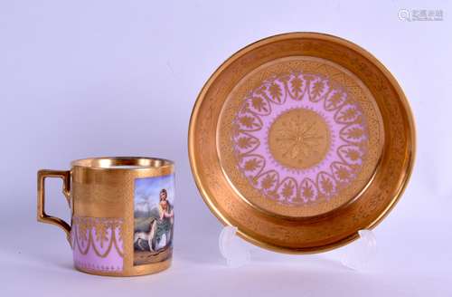 Late 18th c. Royal Vienna coffee can and saucer finely painted with two women and a dog on a