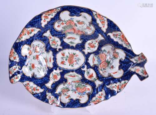 Worcester blue scale cos lettuce leaf shaped dish painted with kakiemon style flowers. 26 cm wide.