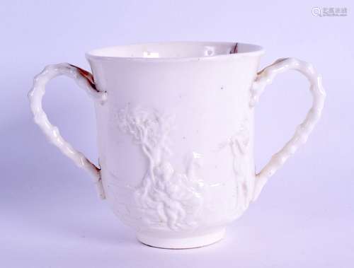 18th c. Doccia two handled chocolate cup moulded in Istoriato style. 12 cm wide.