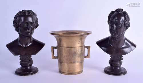 A PAIR OF LATE 19TH CENTURY EUROPEAN BRONZE PORTRAIT BUSTS signed Posch, together with a twin