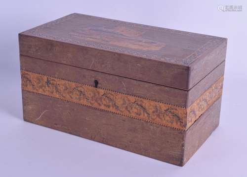 A VICTORIAN TUNBRIDGE WARE RECTANGULAR BOX decorated with a castle before a river. 21 cm x 11 cm.