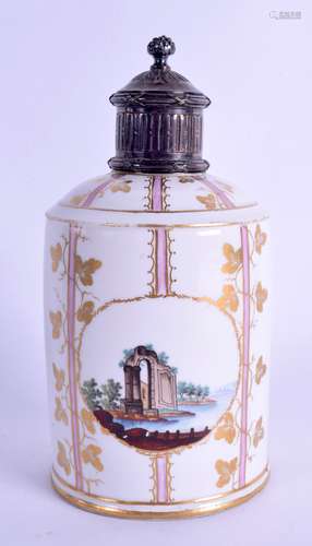 A LATE 18TH/19TH CENTURY CONTINENTAL PORCELAIN TEA CANISTER with silver mounts, painted with