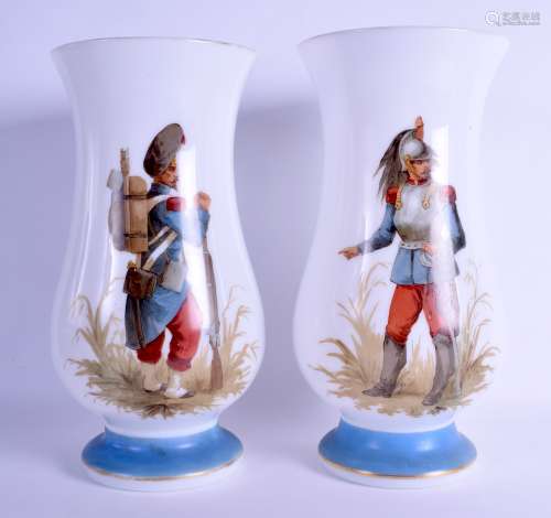 A PAIR OF LATE 19TH CENTURY FRENCH OPALINE GLASS VASES painted figures standing within landscapes.