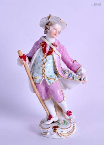 18th c. Meissen figure of man holding a stick with his coat tails full of flowers. 14 cm high.