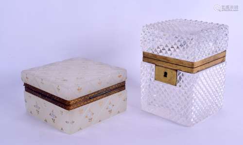 A FINE QUALITY ANTIQUE FRENCH CUT GLASS BOX AND COVER together with an enamelled square glass