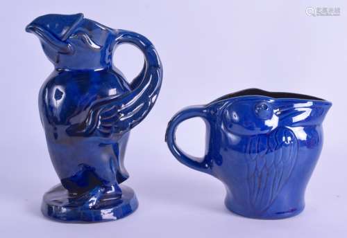 TWO UNUSUAL BRANNAM POTTERY JUGS in the manner of Martin Brothers. 16 cm & 10 cm high. (2)