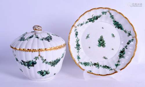 18th c. Bristol Porcelain sucrier cover and stand painted with green swags of roses mark X1 to