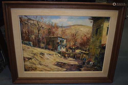 ARTHUR SARKISSIAN, framed oil on canvas, peasants in a mountainous village landscape. 50 cm x 69