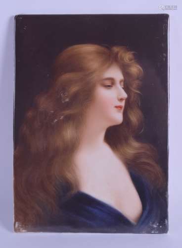 A LATE 19TH CENTURY VIENNA PORCELAIN PLAQUE painted with a female wearing a blue gown. 13 cm x 18.