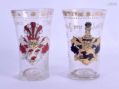 A PAIR OF 18TH CENTURY CONTINENTAL ENAMELLED GLASS BEAKERS painted with central crests. 11.5 cm