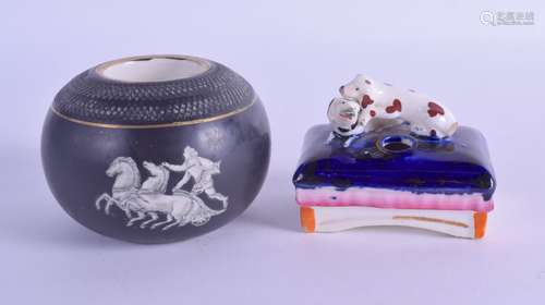 A 19TH CENTURY STAFFORDSHIRE POTTERY PEN/INK STAND mounted with two hounds, together with another