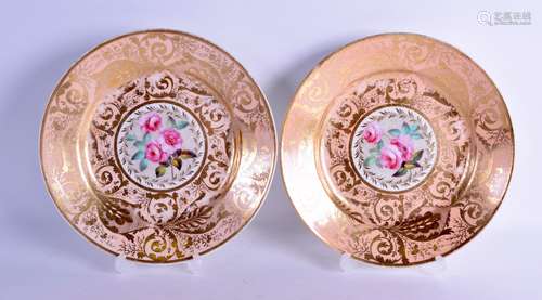 18th c. Derby pair of plates painted with central roses surrounded by a salmon and highly gilt