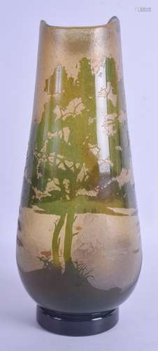 A FRENCH ART NOUVEAU CAMEO GLASS VASE probably Galle, decorated with a landscape. 26 cm high.