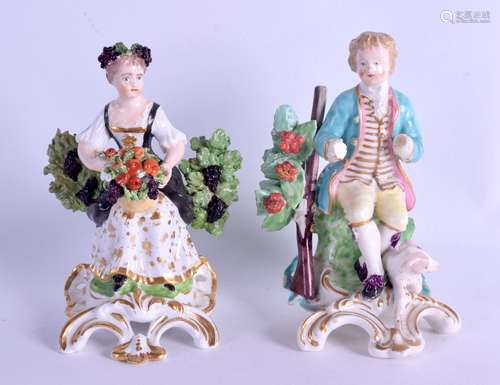 18th c. Derby pair of figures of a boy and girl, he with a gun and she will a basket of fruit. 11.